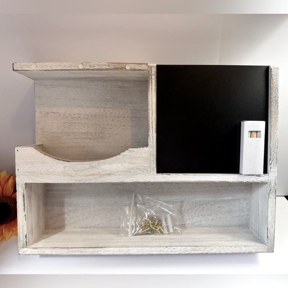 Rustic White Chalkboard, Key Holder, and Wall Organizer